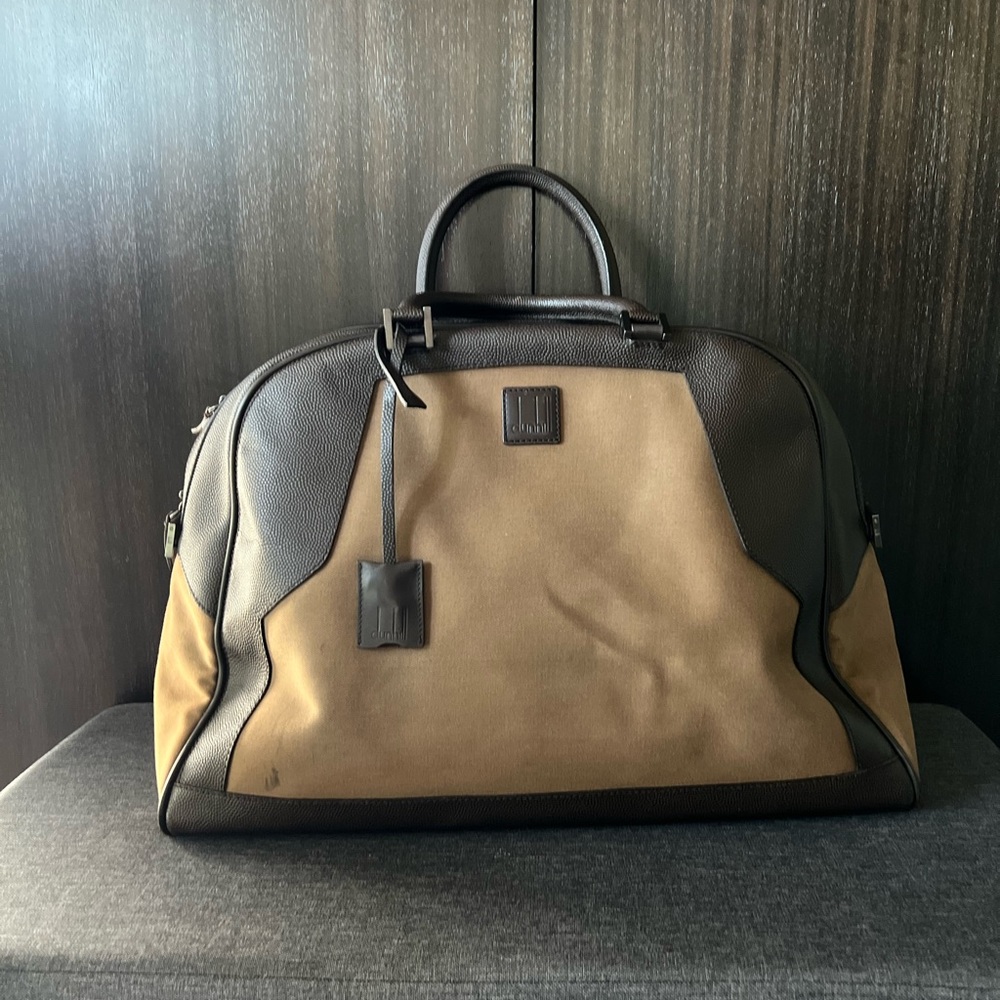 Dunhill Leather Canvas Men Shoulder Hand Boston Bag Brown